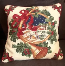 VINTAGE ANTIQUE HANDMADE WOOL NEEDLE POINT THROW PILLOW 13x13” FRENCH HORN