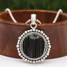 Natural Rough Black Tourmaline Sterling Silver Pendant Jewelry Gift