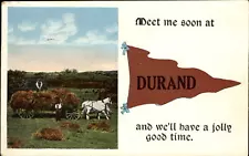 Durant Michigan MI 1917 pennant postcard horse drawn hay wagon farm agriculture