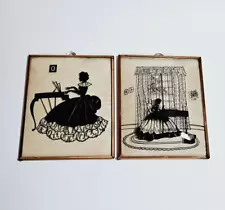 2 Vtg Reverse Painted Silhouette Girls Playing Piano Pictures Convex Glass