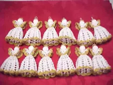 LOT OF 12 handmade Crochet Angels white & Gold w/halos Tree Ornaments 4" tall