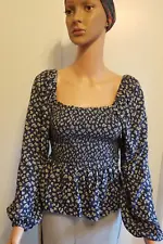 NWT Ditzy Print Sz S Navy Gypsy Floral Top Cottage Core Hippie Festival Boho LS