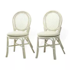 Set of 2 Denver Wicker Rattan Dining Side Chairs with Cream Cushions, White Wash