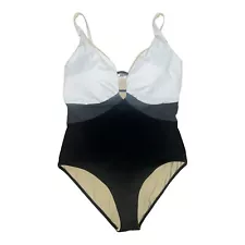 Swimsuits For All 14 Women’s One Piece Color Block Plunge Swim White Black