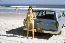 Vintage 35mm Slide PRETTY GIRL @ BEACH BIKINI VTG MI FORD STATION WAGON 1967