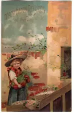 ANTIQUE EMBOSSED BIRTHDAY Postcard YOUNG GIRL LOOKING AT FLOWERS FOR SALE