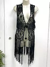 INDIA BOUTIQUE Dream Catcher M L Black Vest Crochet Long Fringe Hippie Boho