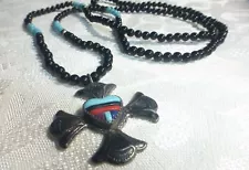 Native American Sterling Silver Inlay Turquoise Heart Cross Onyx Beaded NECKLACE