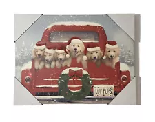 Golden Retrievers Puppies in Red Truck Christmas on Canvas print 12”x16” New