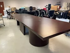 large 13'9" x 3'11" conference room table used mahogany color