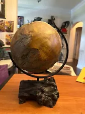 Wooden Globe Sphere Decor Earth 17 x 12 Hand carved on stand