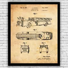 Firefighter Fire Truck Aerial Ladder Patent Print Decor - Size and Frame Options