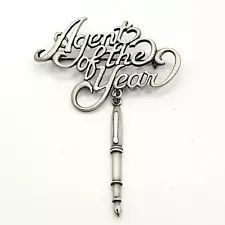 JJ Signed Agent of the Year Dangling Signer Pen Pewter Tone Vintage Brooch Pin