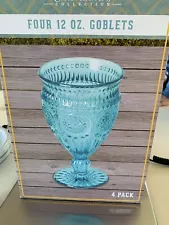 Country Chic Adeline 12-Ounce Footed Glass Goblets Set of 4 Turquoise New