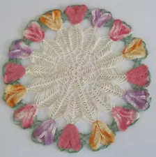 Vintage Hand Crocheted Doilie Round Variegated Colors Tulips 14"