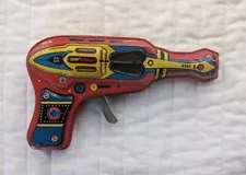 VINTAGE Tin Litho Space Ray Gun Toy friction powered sparks!