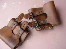 Pair WWII US Army UPPER Double Buckle Brown Leather Cuffs for Boots sz 10E