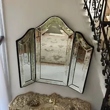 Vintage Venetian Style Tri-Fold Etched and Beveled Vanity Mirror