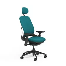 Steelcase Leap Office Chair V2 Adjustable Headrest Black Frame Buzz2 Cyan Fabric