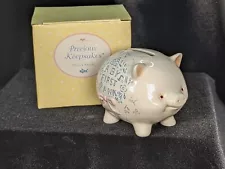 Vintage BABY'S FIRST BANK PIGGY BANK Ceramic 3.5” Embossed W/stopper