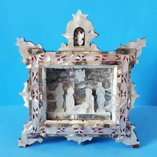 Vintage Mother of Pearl Inlay Diorama Shadowbox Nativity Scene