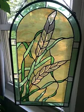 vintage stained glass Wheat Yellow Green Arched Window Hang Beveled Crack 23” H