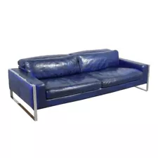 Modern Hand-Crafted Sofa in Dark Blue Leather with Chrome Steel Accents