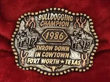 TROPHY RODEO CHAMPION BUCKLE☆BULLDOGGING PROFESSIONAL☆1986☆PORT WORTH ☆RARE☆574