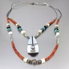 Native American Zuni Coral Heishi Bead MOP Inlay Crown Dancer Necklace