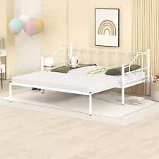 Twin Size Metal Daybed w/ Pull Out Trundle Bed Frame Sofa Bed White/Black