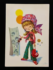 1968 Mod Teenage Girl & The Beatles Guitar Banner Vintage Postcard Artist Signed