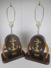 Set of Vintage Nautical Navy Ship Themed Lamps Rope Block & Tackle Base Anchor