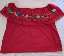 Red Embroidered Mexican Peasant Blouse, Plus Size, Read Measurement, Shoulder