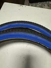 PAIR OF BLACK/BLUE BICYCLE GENUINE DURO BMX TIRES IN 20 X 1.75" INFECTION TREAD.