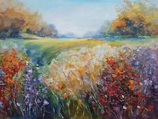 Rural Landscape Painting Original Field Meadow Collectible Impressionism