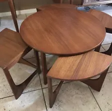 Stunning Sculpted Mid Century Teak Round Nesting Table with Chairs