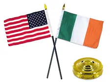 Ireland Irish w/ USA American Flag 4"x6" Desk Set Table Stick Gold Base
