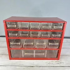 Vintage 15 Drawer RAACO Metal Storage Cabinet Organizer Crafts Parts Denmark Red