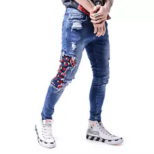 Red Snake Embroidery Gucci Style Skinny Jeans Ripped Patched FREE FAST DELIVERY