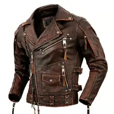 Men’s Motorcycle Biker Vintage Cafe Racer Distressed REAL Leather Jacket For Men