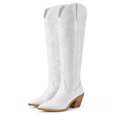 Rollda Women Knee High Western Boots Pointy Toe Cowgirl Boot Zipper White-US 8.5