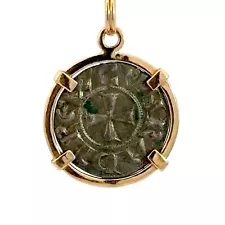 Ancient Crusader Cross Silver Coin And 14K Yellow Gold Pendant