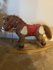 Rocking Horse Plush Animal on Wooden Rockers with Sounds Wooden Base Brown