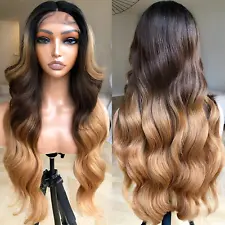 Human Hair Blend Wig Lace Front Long Wavy Synthetic 1b/30/27 Ombre Two-Toned