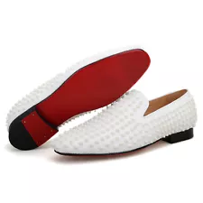 Men FERUCCI White Spikes Slippers Loafers Flat With White Crystal GZ Rivet Prom