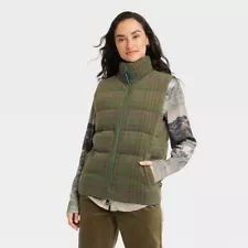 Houston White Adult Puffer Vest - Green Plaid L