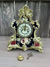 waterbury porcelain cobalt blue fancy floral decorative parlor clock , running