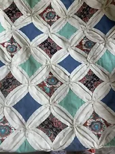 Large Vintage CATHEDRAL WINDOW antique QUILT Hand Stitched Quilt 102 X 74