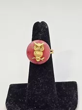 Owl Ring Pink Gemstone Adjusts Goldtone Cottagecore Gift Whimsical