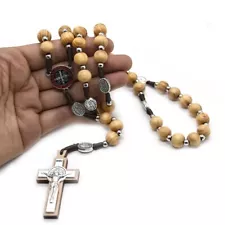 St Benedict Wooden Rosary Men Women Wood Prayer Beads Crucifix Cross Hand Made